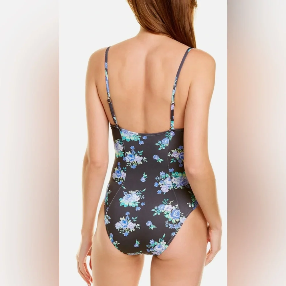 WeWoreWhat Underwire Black With Blue Flowers One-Piece Size Medium NWT